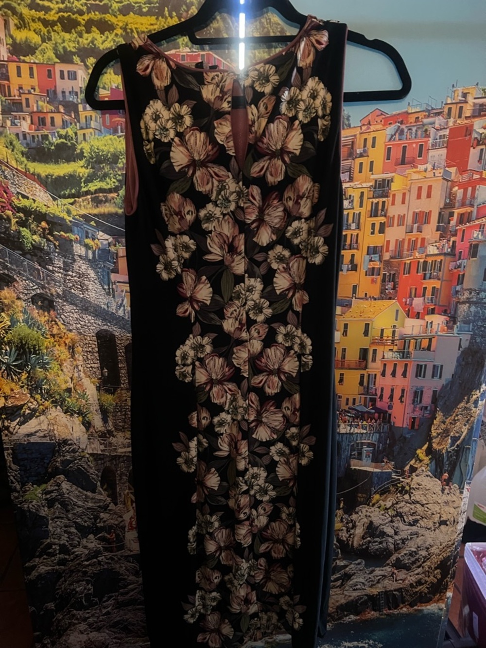 White House Black Market Black Midi Dress with Blush Floral Panel